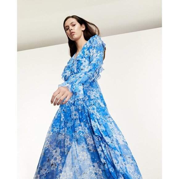 💕THE KOOPLES💕 Long Dress ~ Blue Floral Print Size 3 = EU 40 Large - Picture 3 of 16